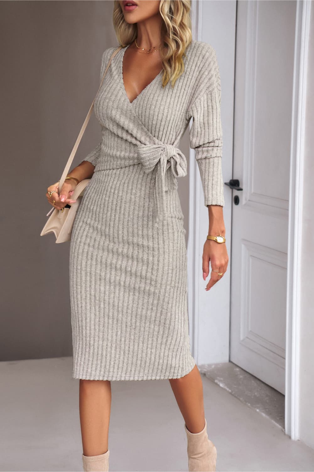 Surplice Neck Tied Ribbed Dress BLUE ZONE PLANET