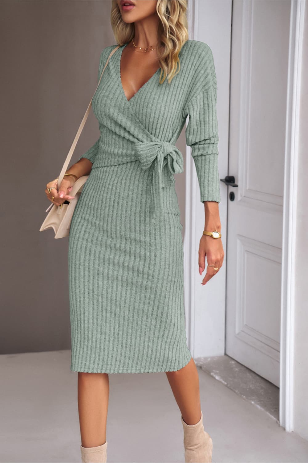 Surplice Neck Tied Ribbed Dress BLUE ZONE PLANET
