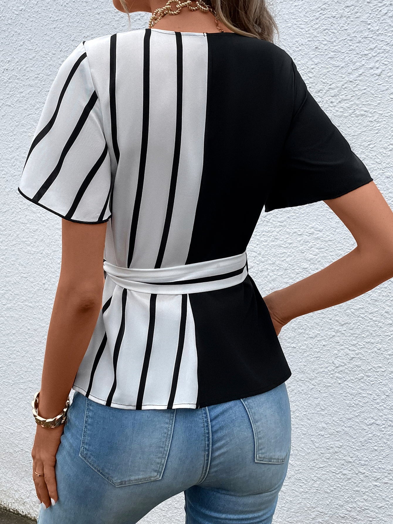 Surplice Neck Waist Tie Flutter Sleeve Blouse BLUE ZONE PLANET