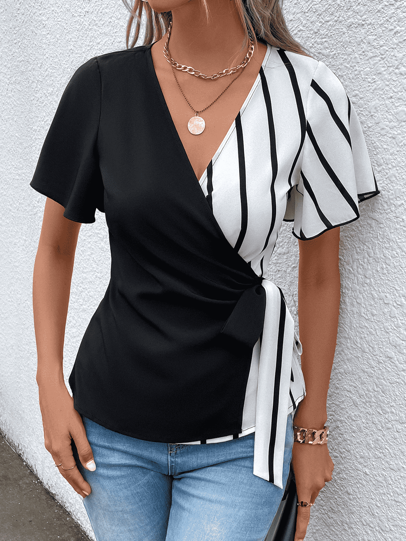 Surplice Neck Waist Tie Flutter Sleeve Blouse BLUE ZONE PLANET