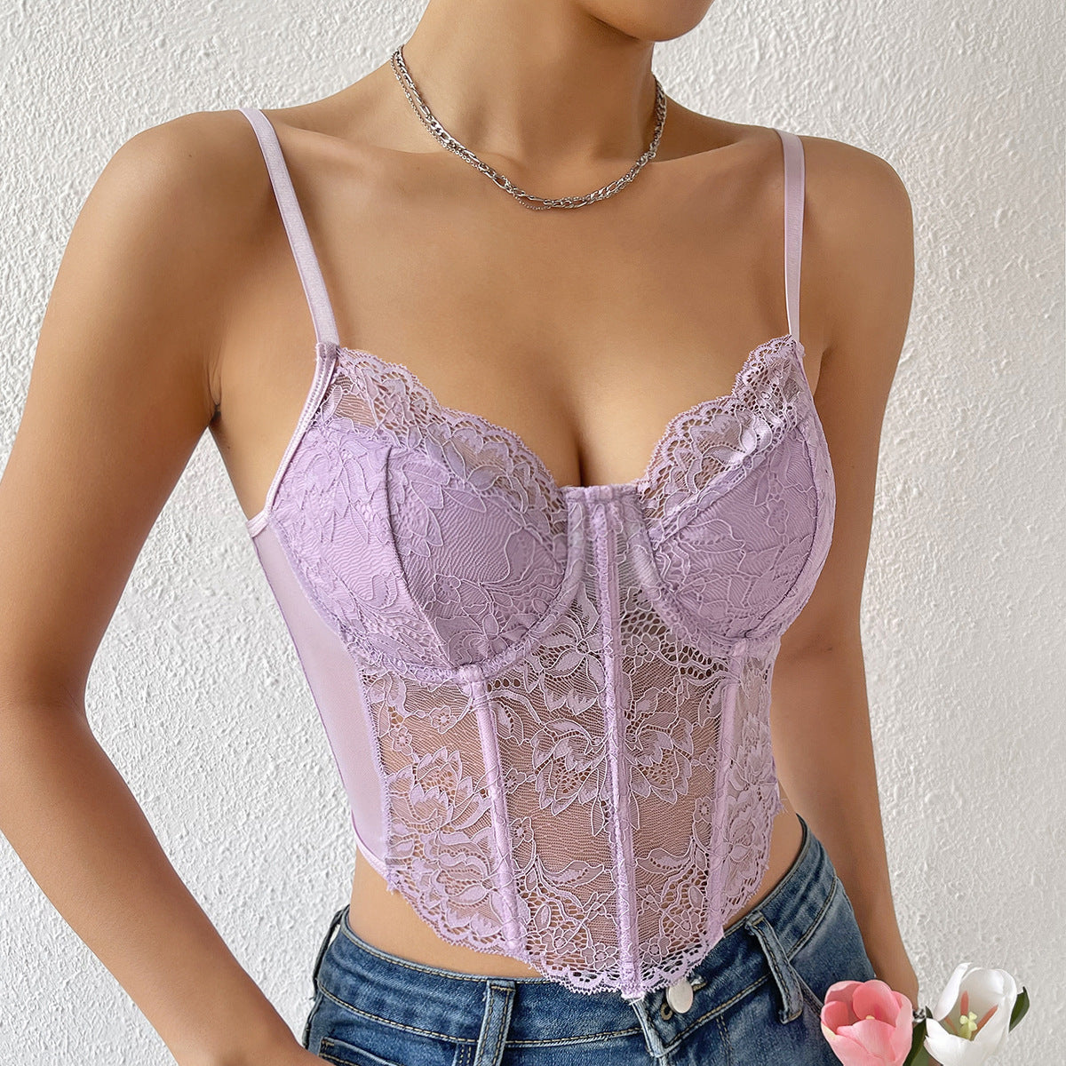 Blue Zone Planet | Sweetheart Neck Lace Detail Cami BLUE ZONE PLANET