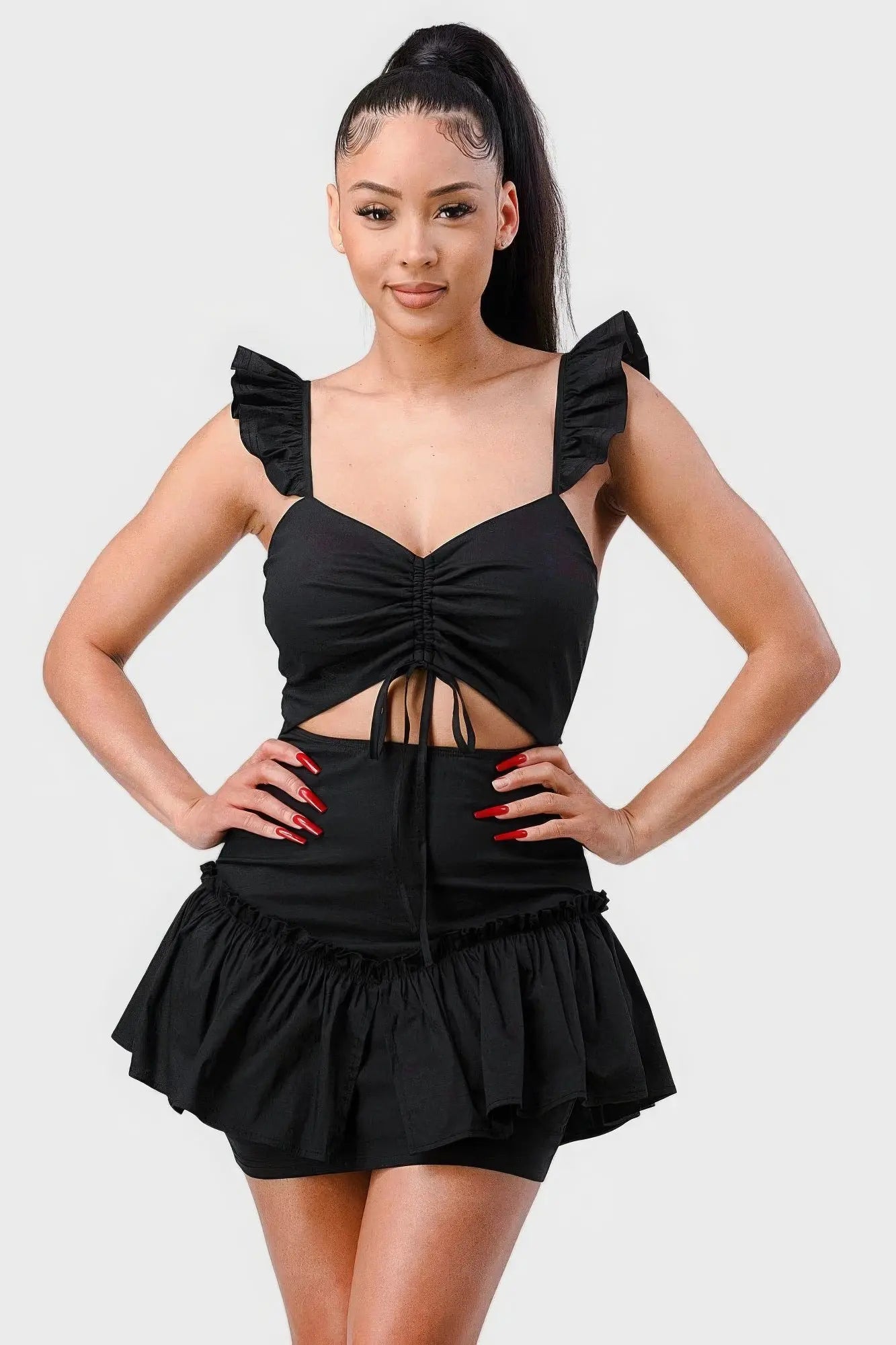 Sweetheart With Drawstring Bow Cutout Ruffled Flutter Sleeves Mini Dress Blue Zone Planet