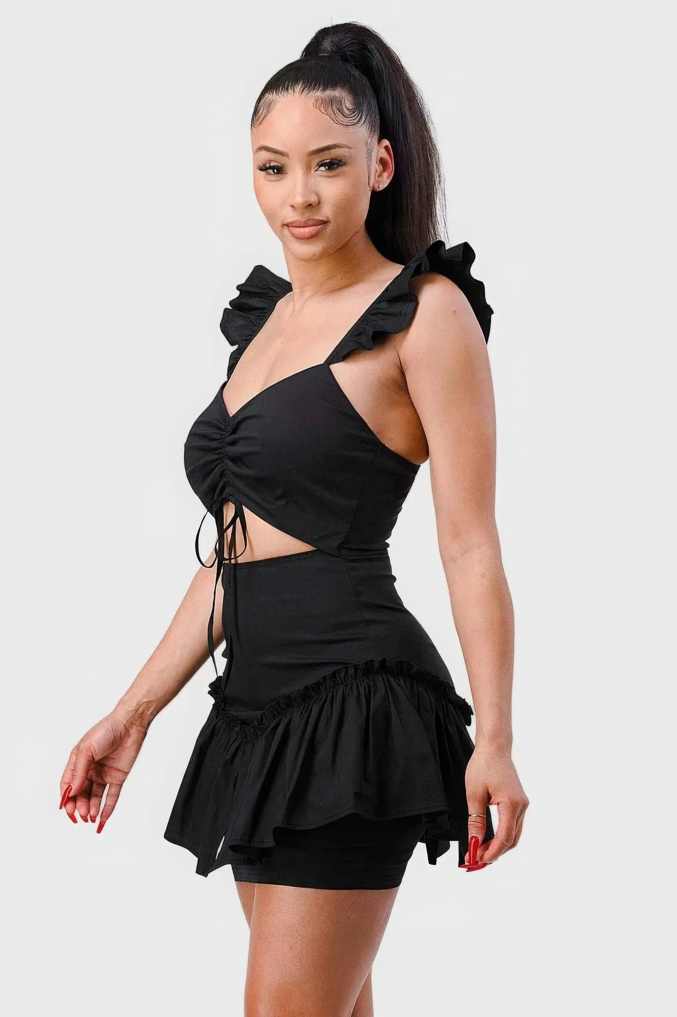 Sweetheart With Drawstring Bow Cutout Ruffled Flutter Sleeves Mini Dress Blue Zone Planet