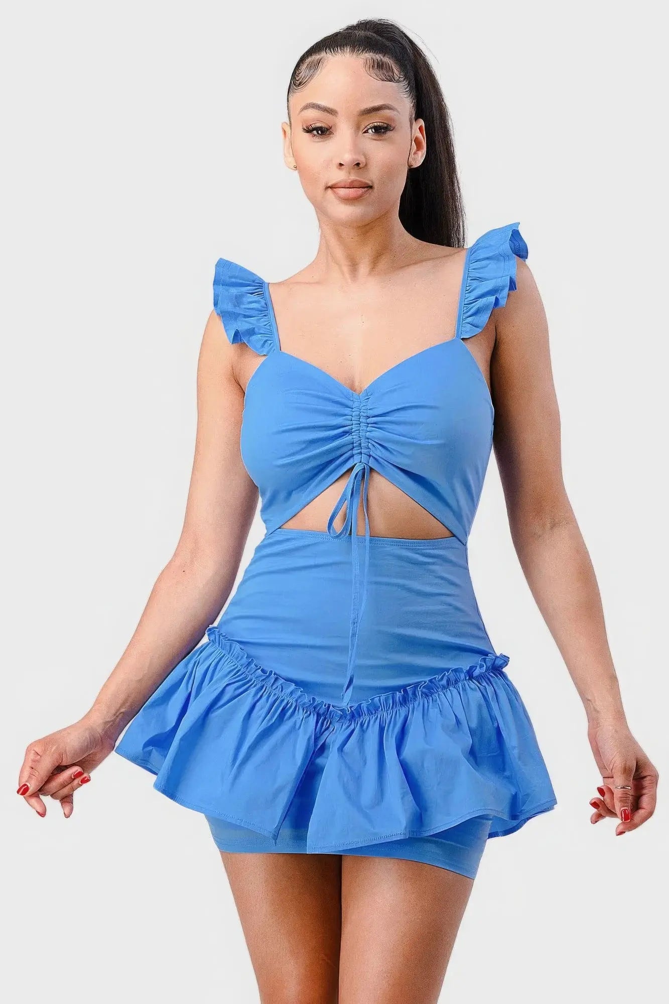 Sweetheart With Drawstring Bow Cutout Ruffled Flutter Sleeves Mini Dress Blue Zone Planet