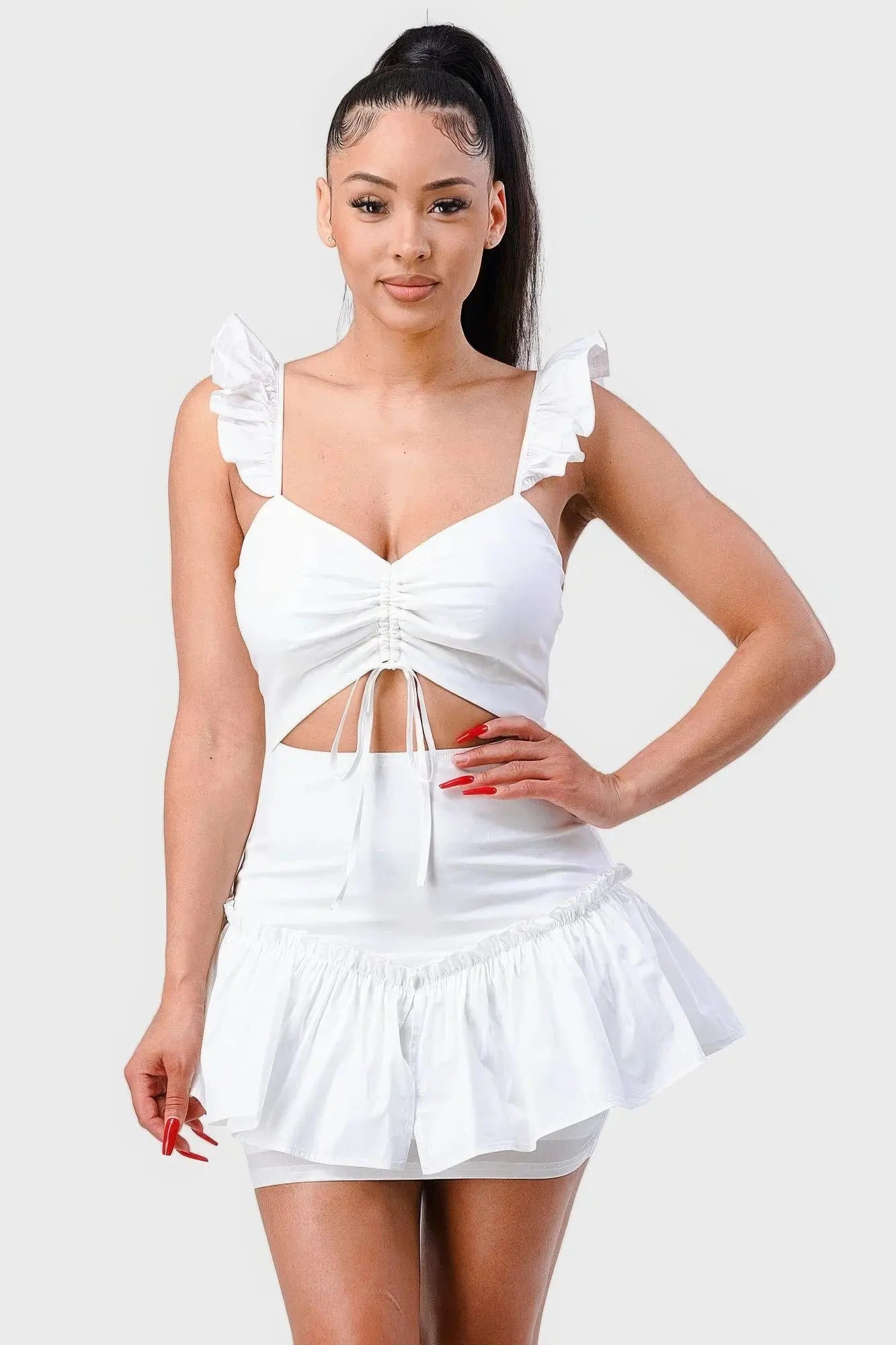 Sweetheart With Drawstring Bow Cutout Ruffled Flutter Sleeves Mini Dress Blue Zone Planet