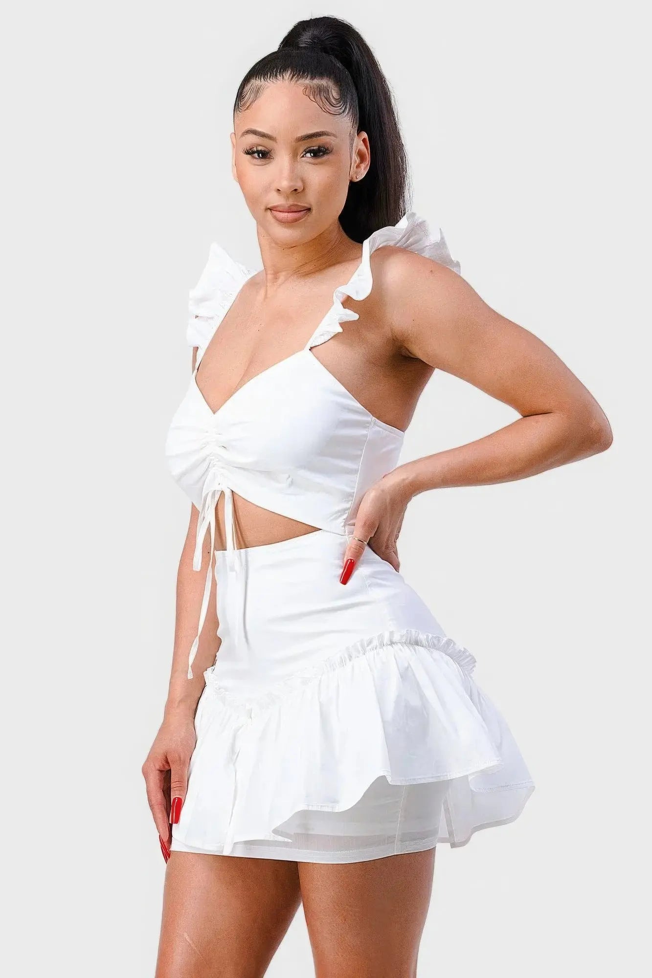 Sweetheart With Drawstring Bow Cutout Ruffled Flutter Sleeves Mini Dress Blue Zone Planet