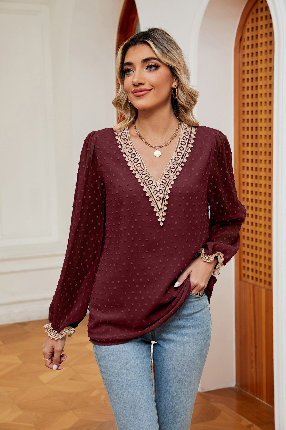 Swiss Dot Contrast V-Neck Blouse BLUE ZONE PLANET