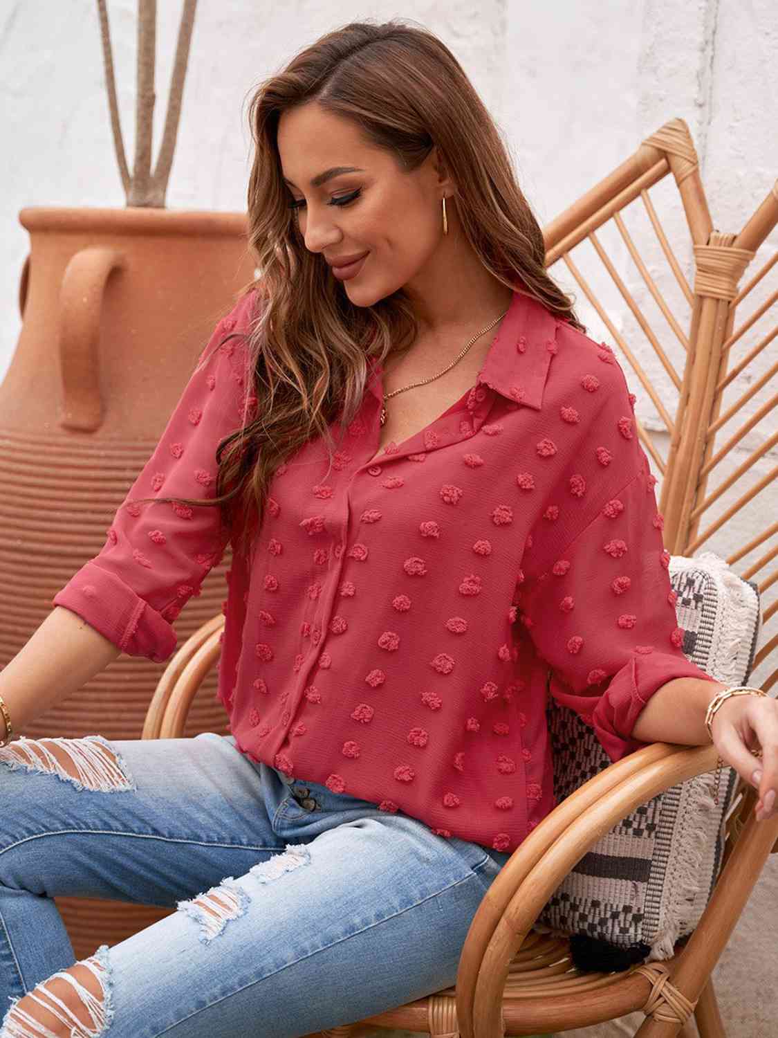 Swiss Dot Drop Shoulder Shirt BLUE ZONE PLANET