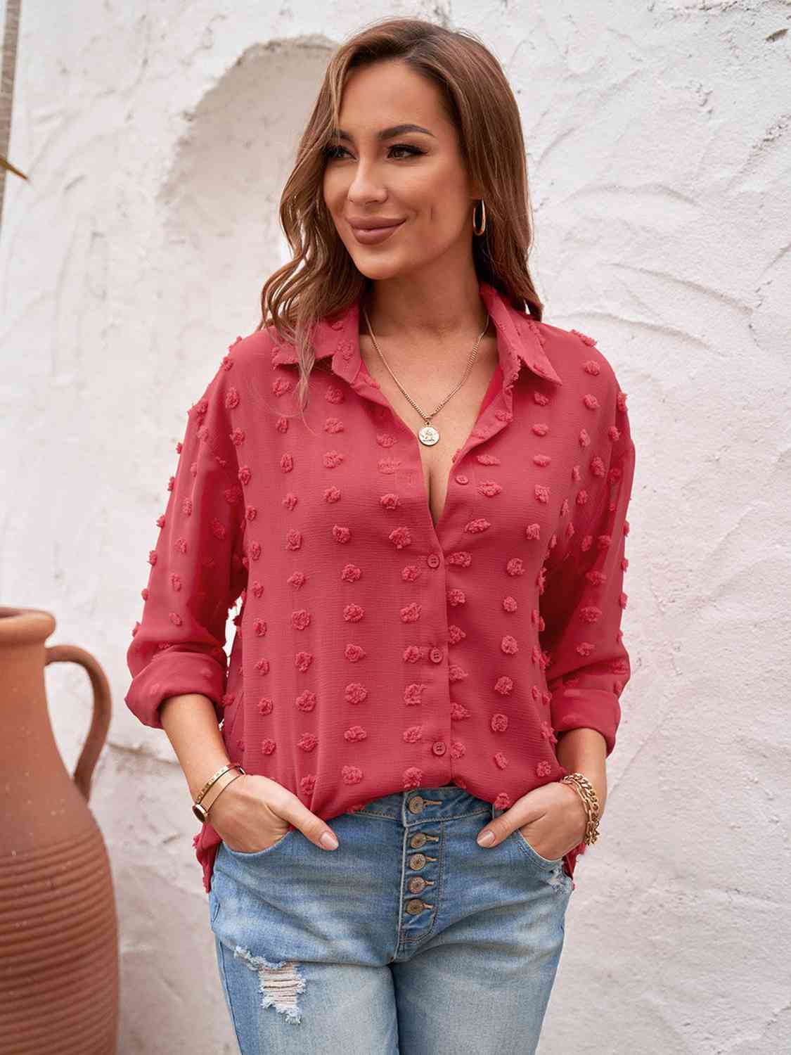 Swiss Dot Drop Shoulder Shirt BLUE ZONE PLANET