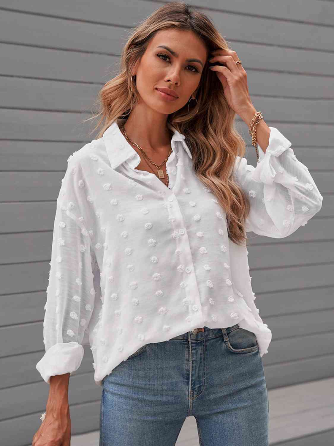 Swiss Dot Drop Shoulder Shirt BLUE ZONE PLANET