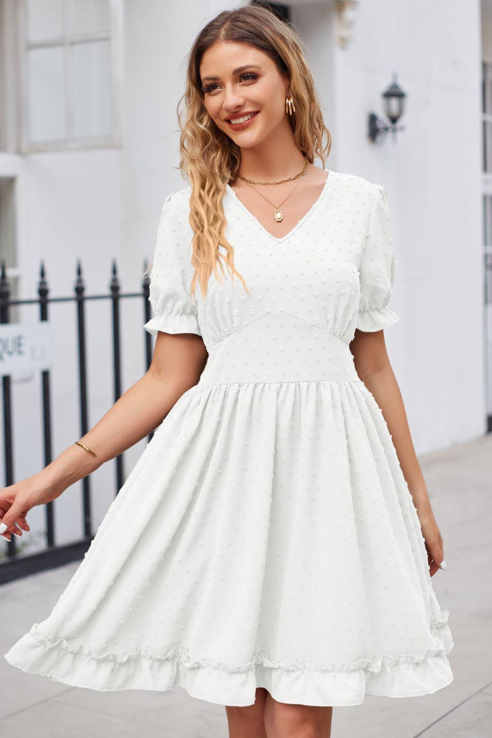 Swiss Dot Frill Trim Flounce Sleeve V-Neck Dress BLUE ZONE PLANET