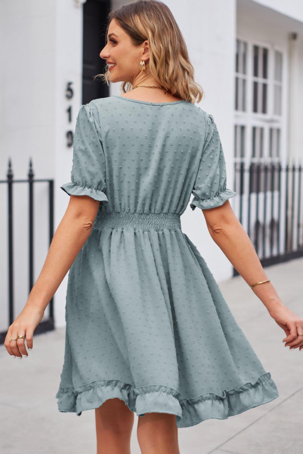 Swiss Dot Frill Trim Flounce Sleeve V-Neck Dress BLUE ZONE PLANET