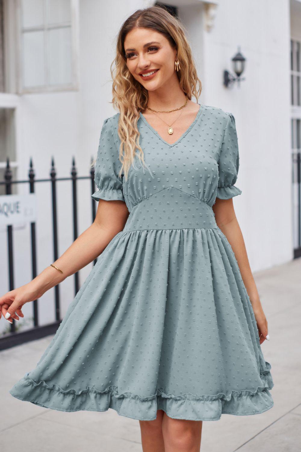 Swiss Dot Frill Trim Flounce Sleeve V-Neck Dress BLUE ZONE PLANET