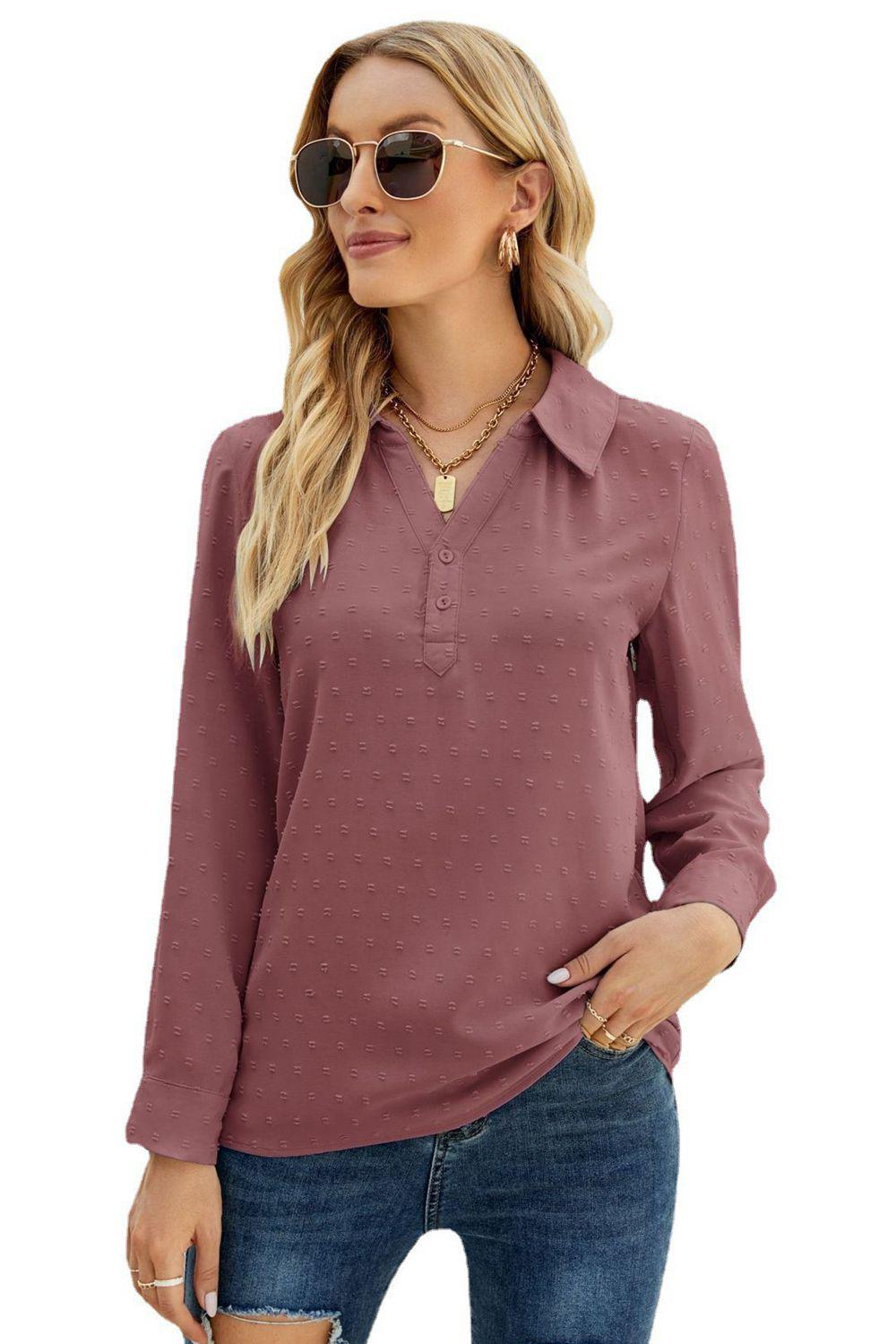 Swiss Dot Johnny Collar Blouse BLUE ZONE PLANET