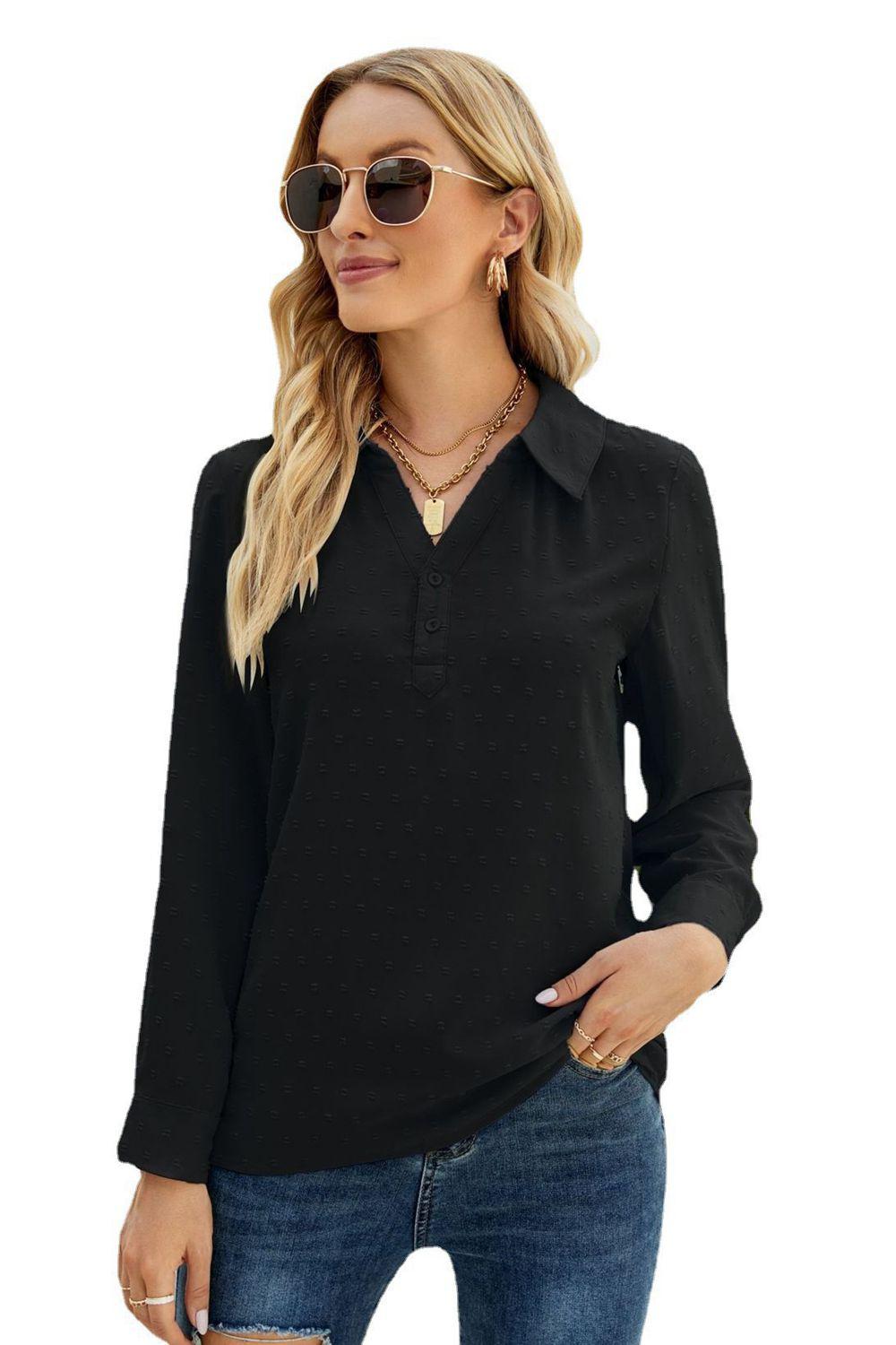Swiss Dot Johnny Collar Blouse BLUE ZONE PLANET