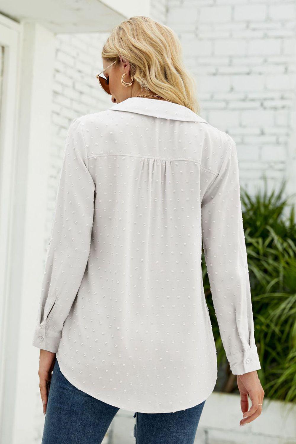 Swiss Dot Johnny Collar Blouse BLUE ZONE PLANET