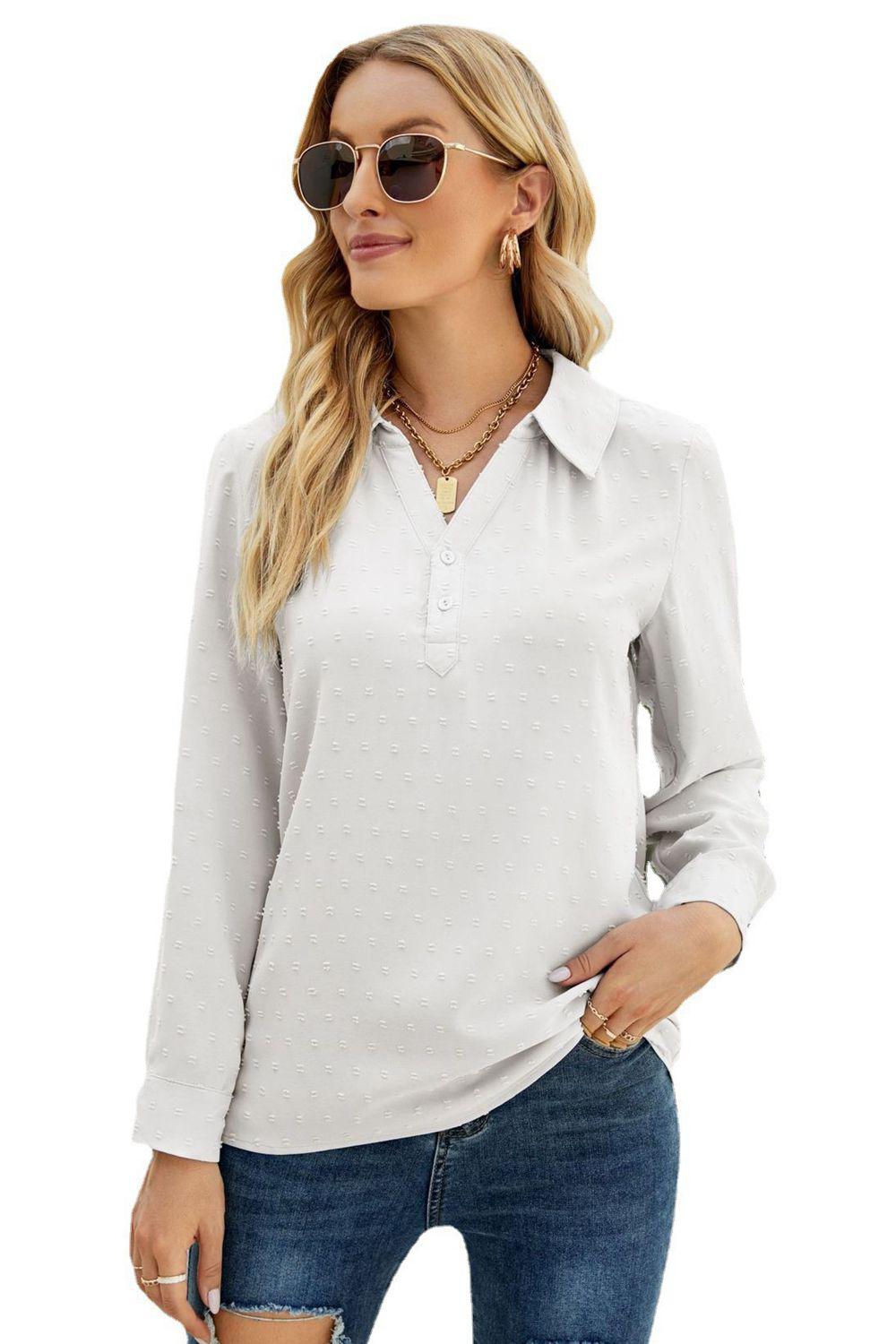 Swiss Dot Johnny Collar Blouse BLUE ZONE PLANET
