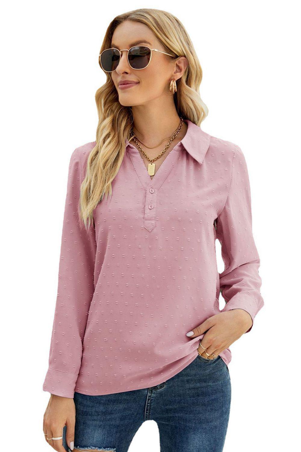 Swiss Dot Johnny Collar Blouse BLUE ZONE PLANET
