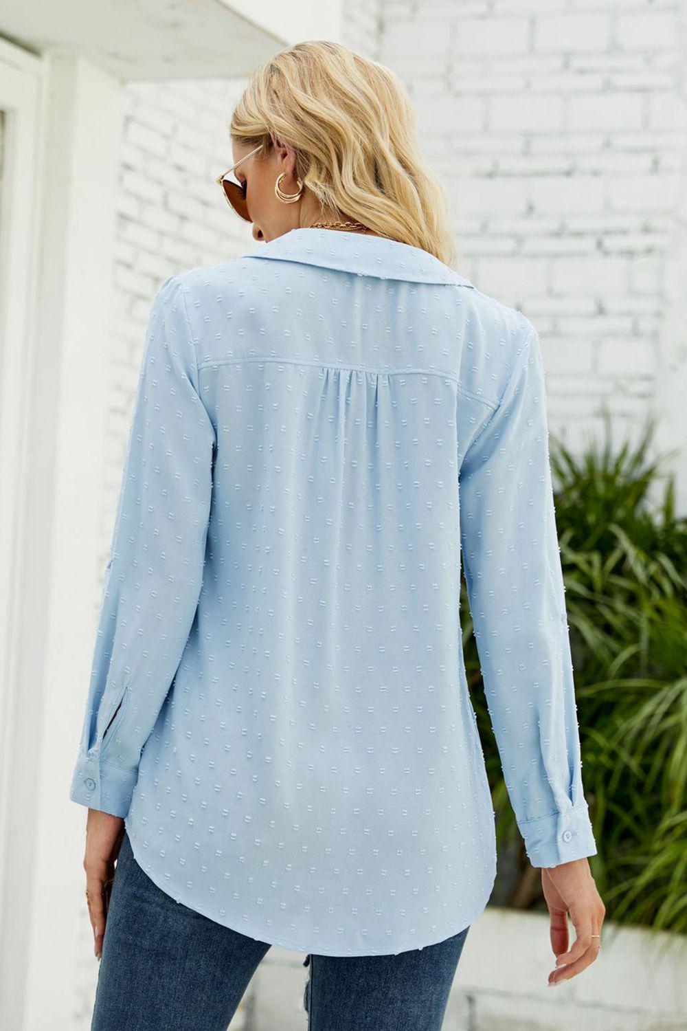 Swiss Dot Johnny Collar Blouse BLUE ZONE PLANET
