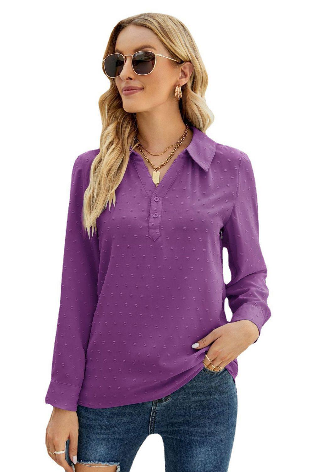 Swiss Dot Johnny Collar Blouse BLUE ZONE PLANET