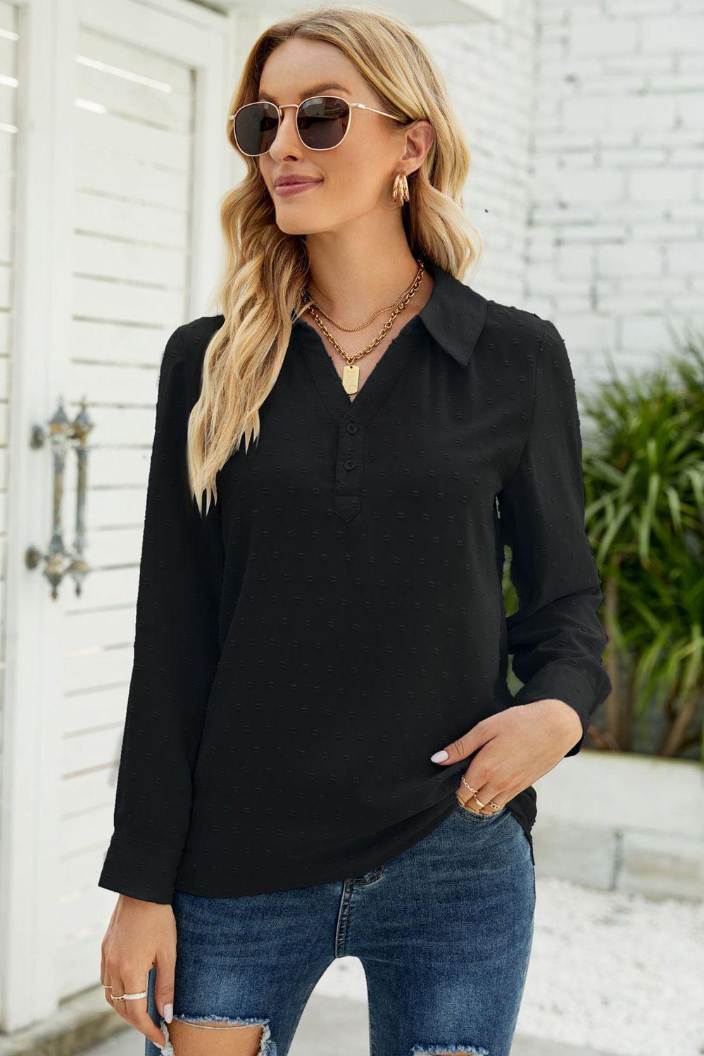 Swiss Dot Johnny Collar Blouse BLUE ZONE PLANET