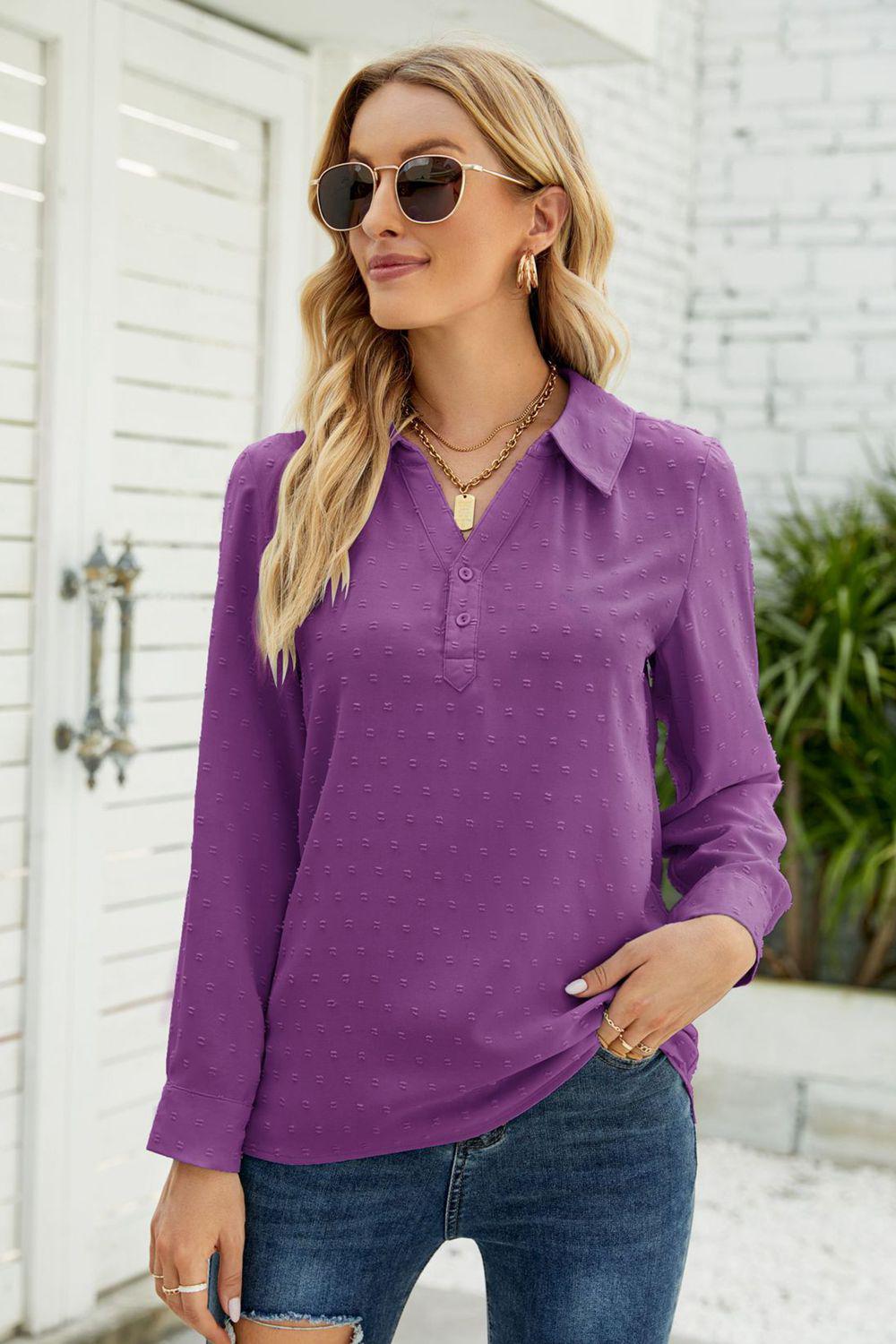 Swiss Dot Johnny Collar Blouse BLUE ZONE PLANET