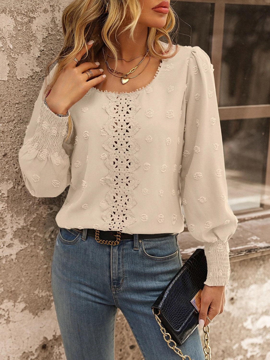 Swiss Dot Lace Detail Blouse BLUE ZONE PLANET