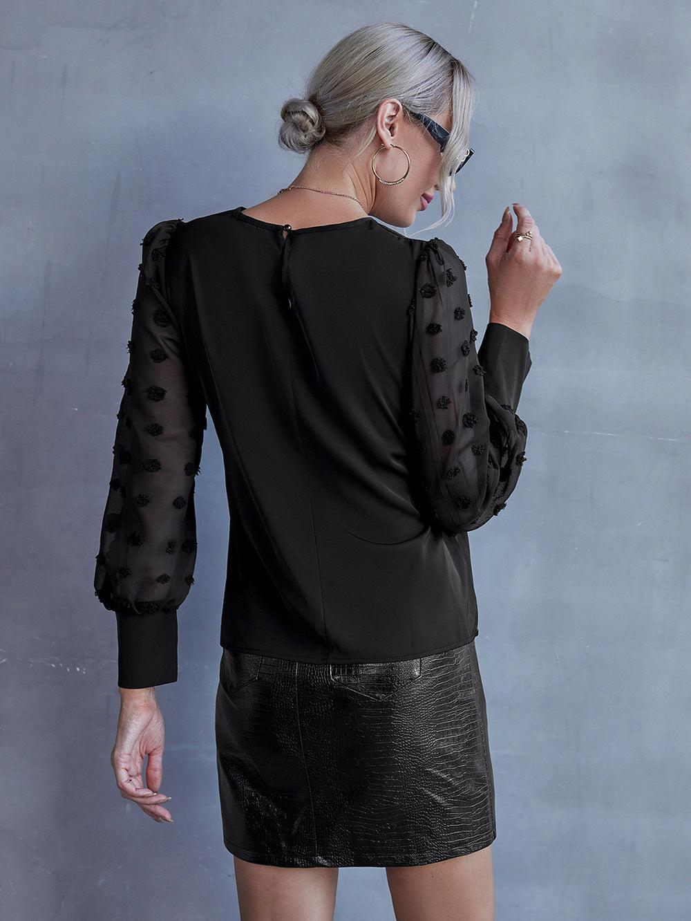 Swiss Dot Lantern Sleeve Round Neck Blouse BLUE ZONE PLANET