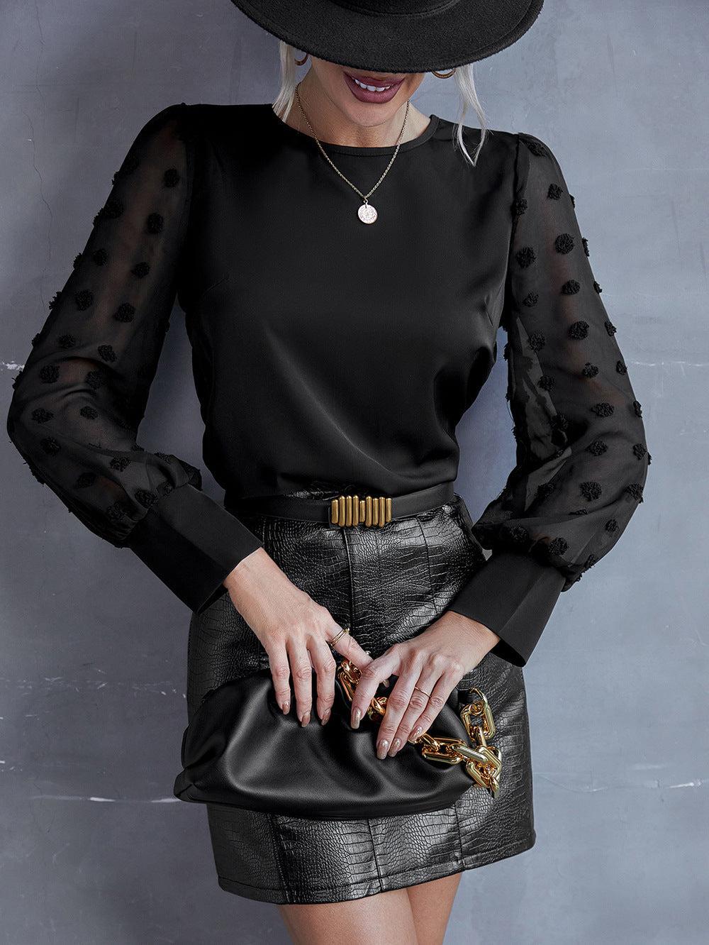 Swiss Dot Lantern Sleeve Round Neck Blouse BLUE ZONE PLANET