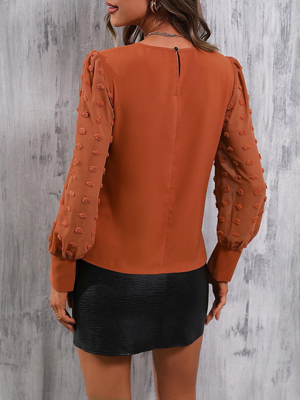 Swiss Dot Lantern Sleeve Round Neck Blouse BLUE ZONE PLANET