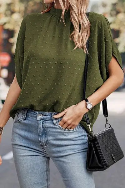 Swiss Dot Mock Neck Blouse BLUE ZONE PLANET