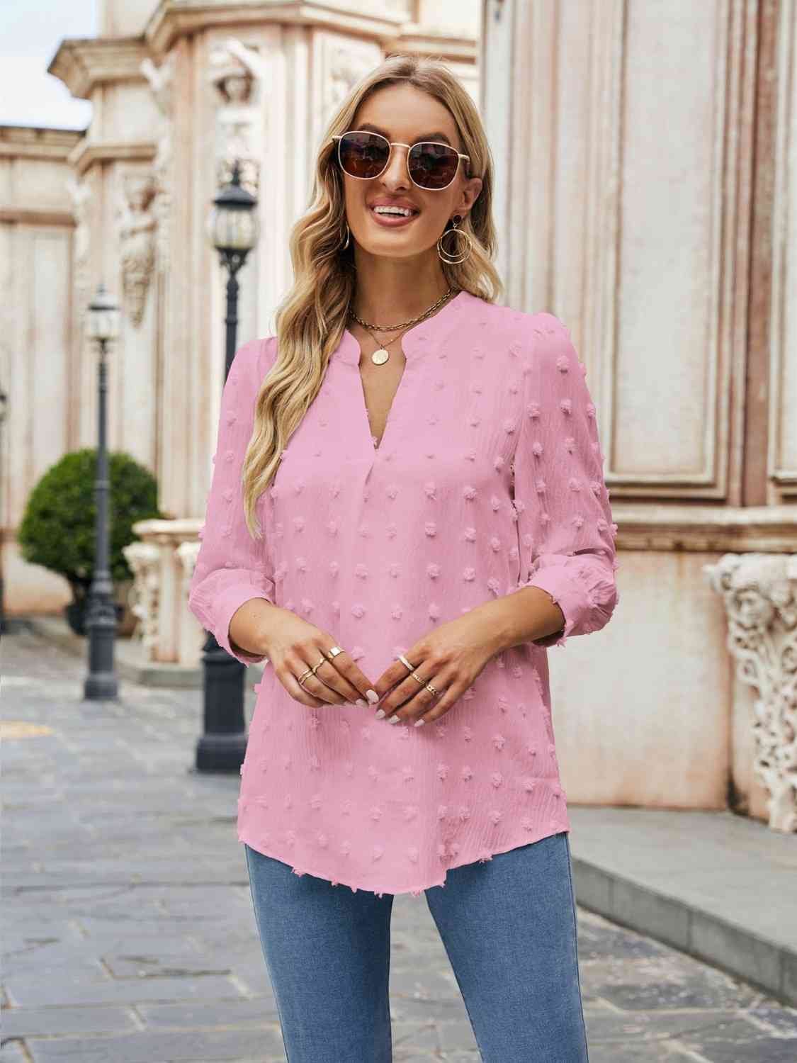 Swiss Dot Notched Neck Blouse BLUE ZONE PLANET