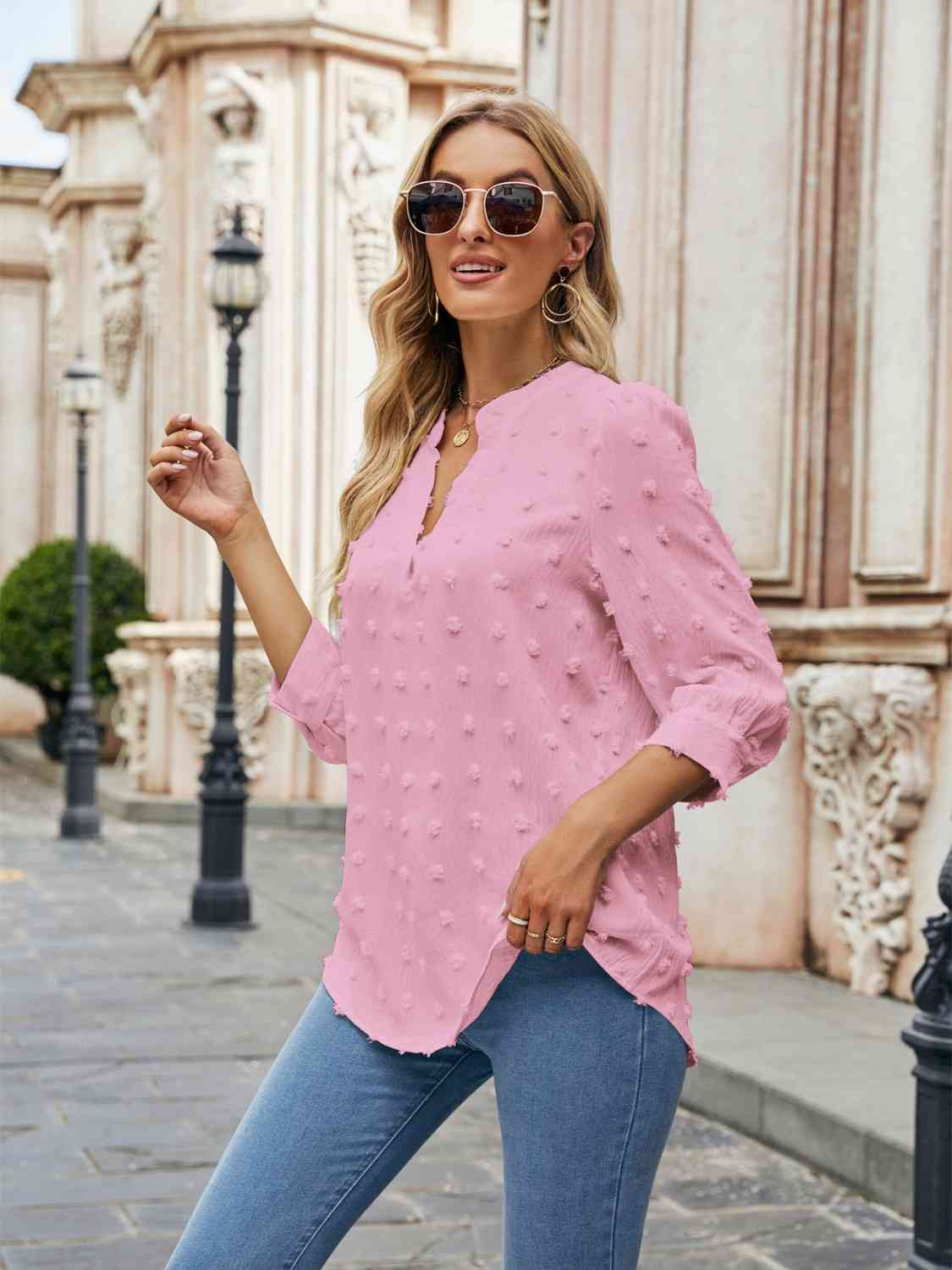 Swiss Dot Notched Neck Blouse BLUE ZONE PLANET
