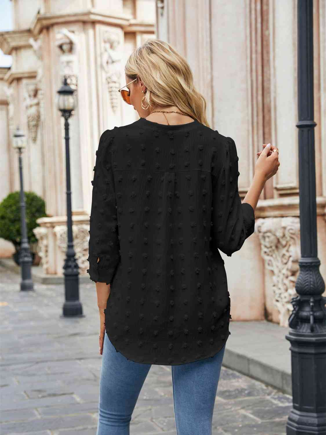 Swiss Dot Notched Neck Blouse BLUE ZONE PLANET