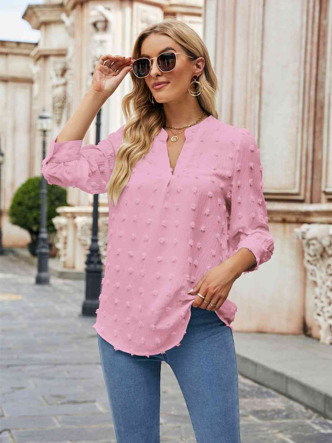 Swiss Dot Notched Neck Blouse BLUE ZONE PLANET