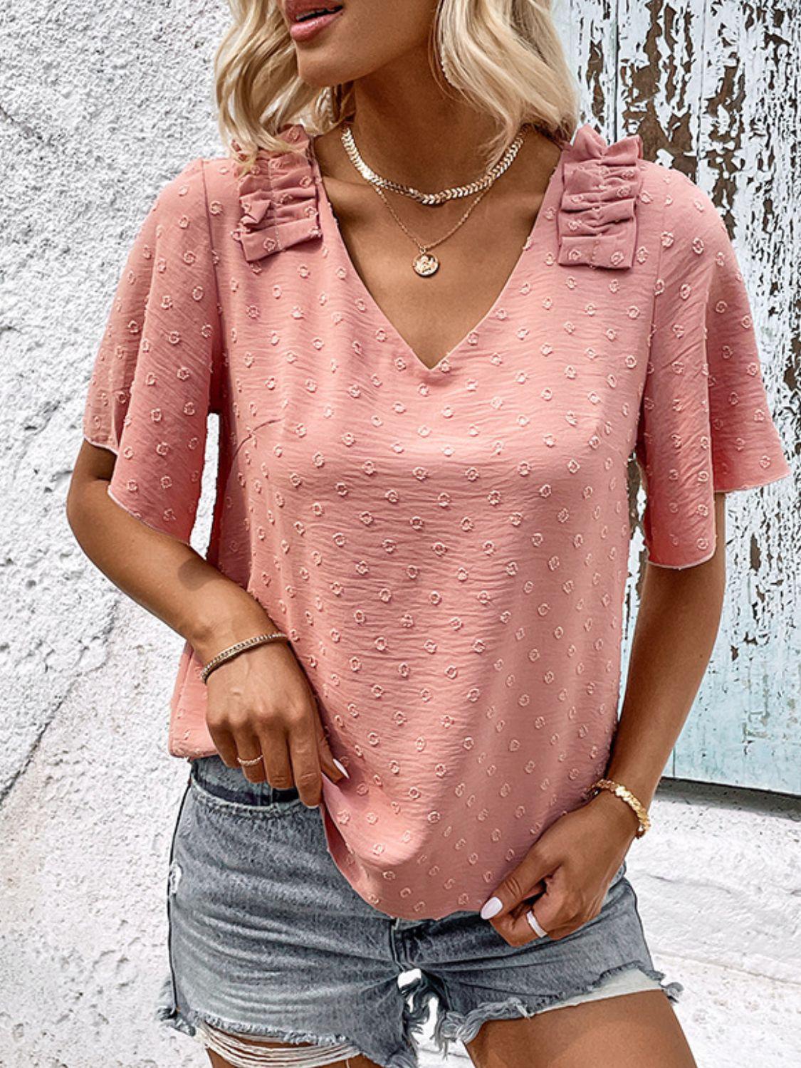 Swiss Dot Shoulder Detail V-Neck Blouse BLUE ZONE PLANET