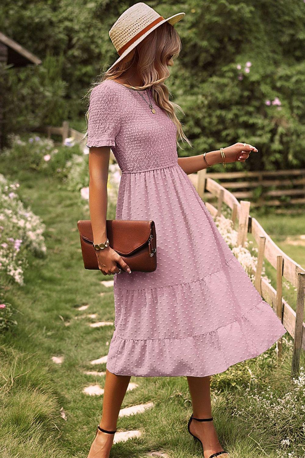 Swiss Dot Smocked Round Neck Short Sleeve Midi Dress BLUE ZONE PLANET