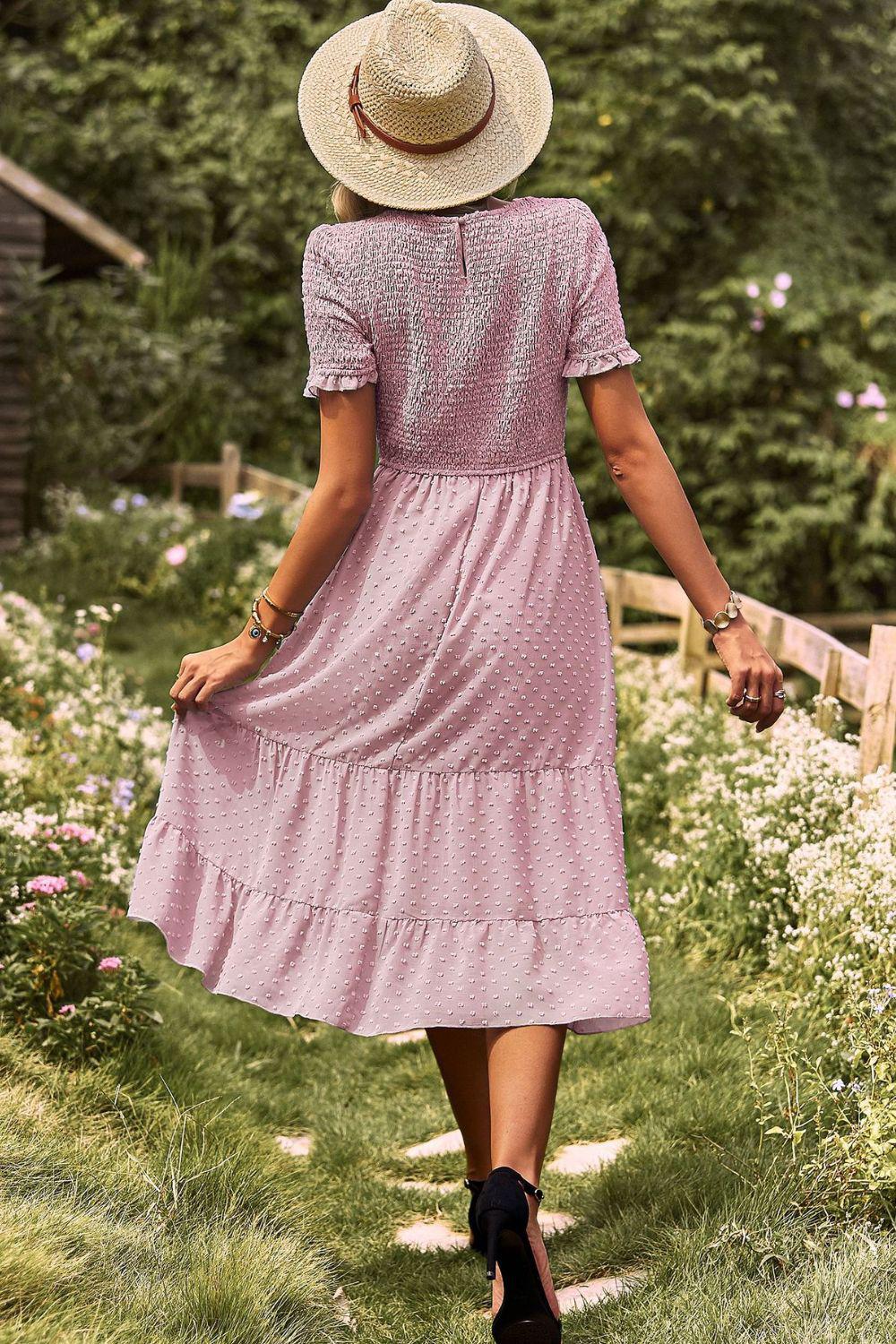 Swiss Dot Smocked Round Neck Short Sleeve Midi Dress BLUE ZONE PLANET