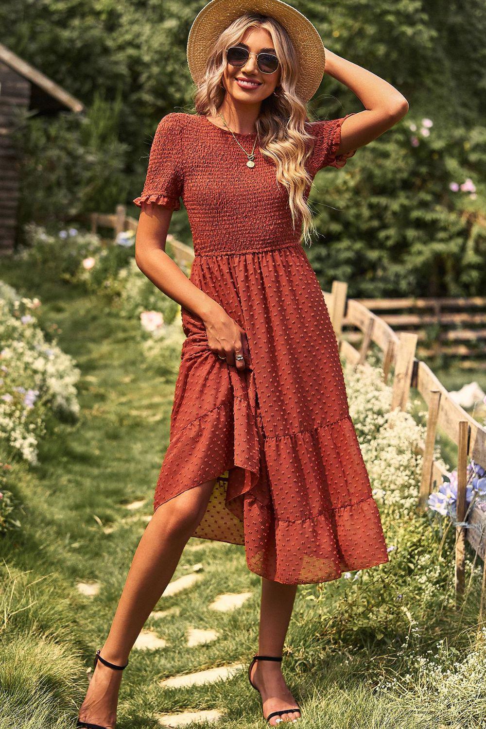 Swiss Dot Smocked Round Neck Short Sleeve Midi Dress BLUE ZONE PLANET