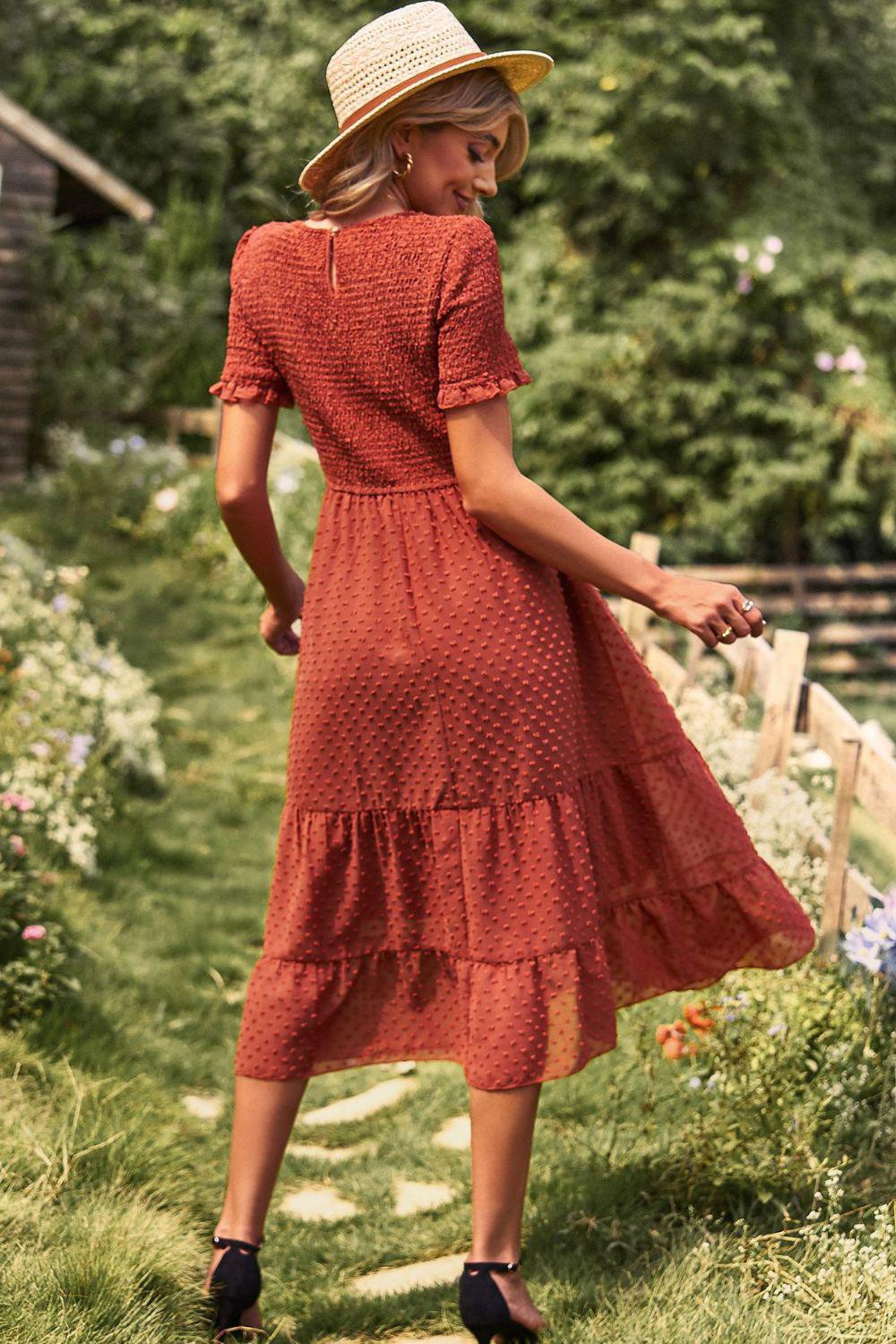 Swiss Dot Smocked Round Neck Short Sleeve Midi Dress BLUE ZONE PLANET
