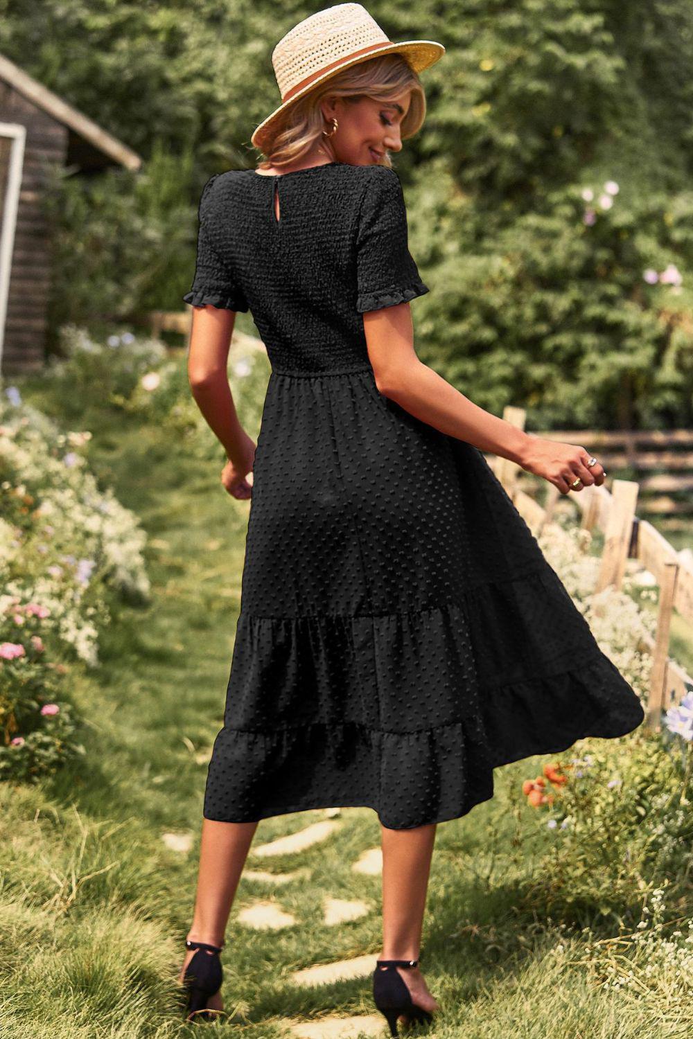 Swiss Dot Smocked Round Neck Short Sleeve Midi Dress BLUE ZONE PLANET