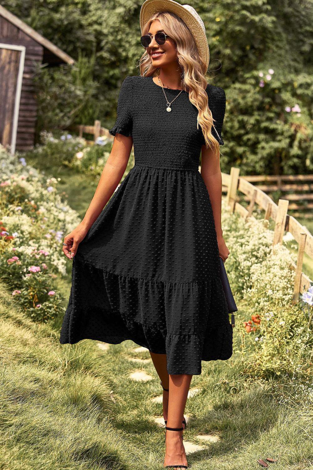 Swiss Dot Smocked Round Neck Short Sleeve Midi Dress BLUE ZONE PLANET