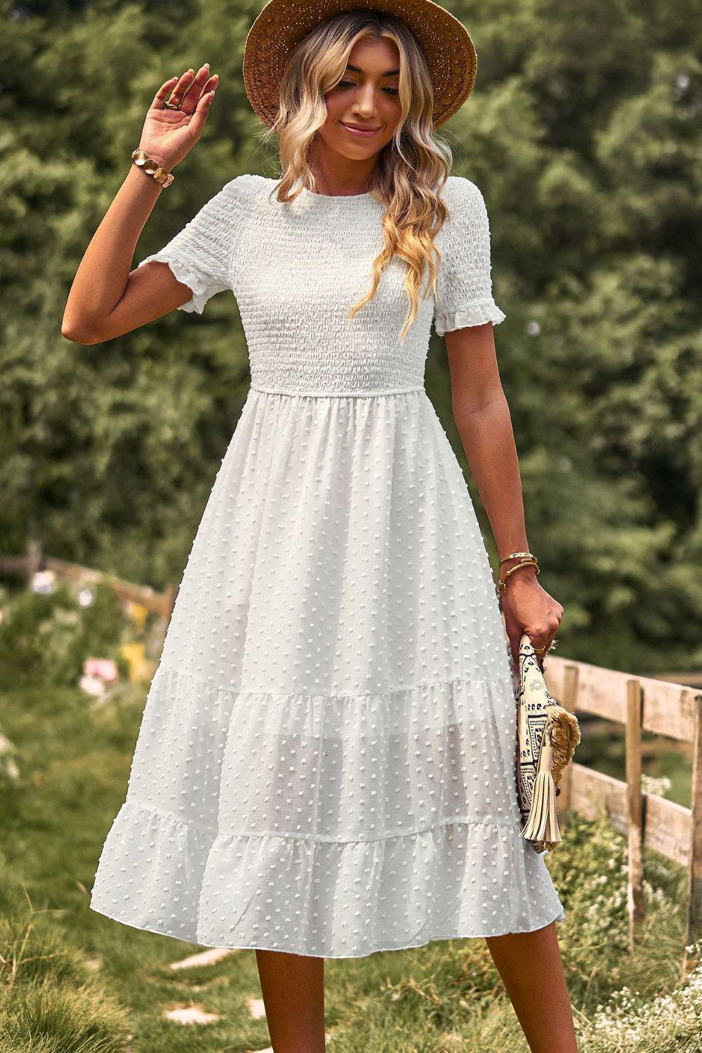 Swiss Dot Smocked Round Neck Short Sleeve Midi Dress BLUE ZONE PLANET