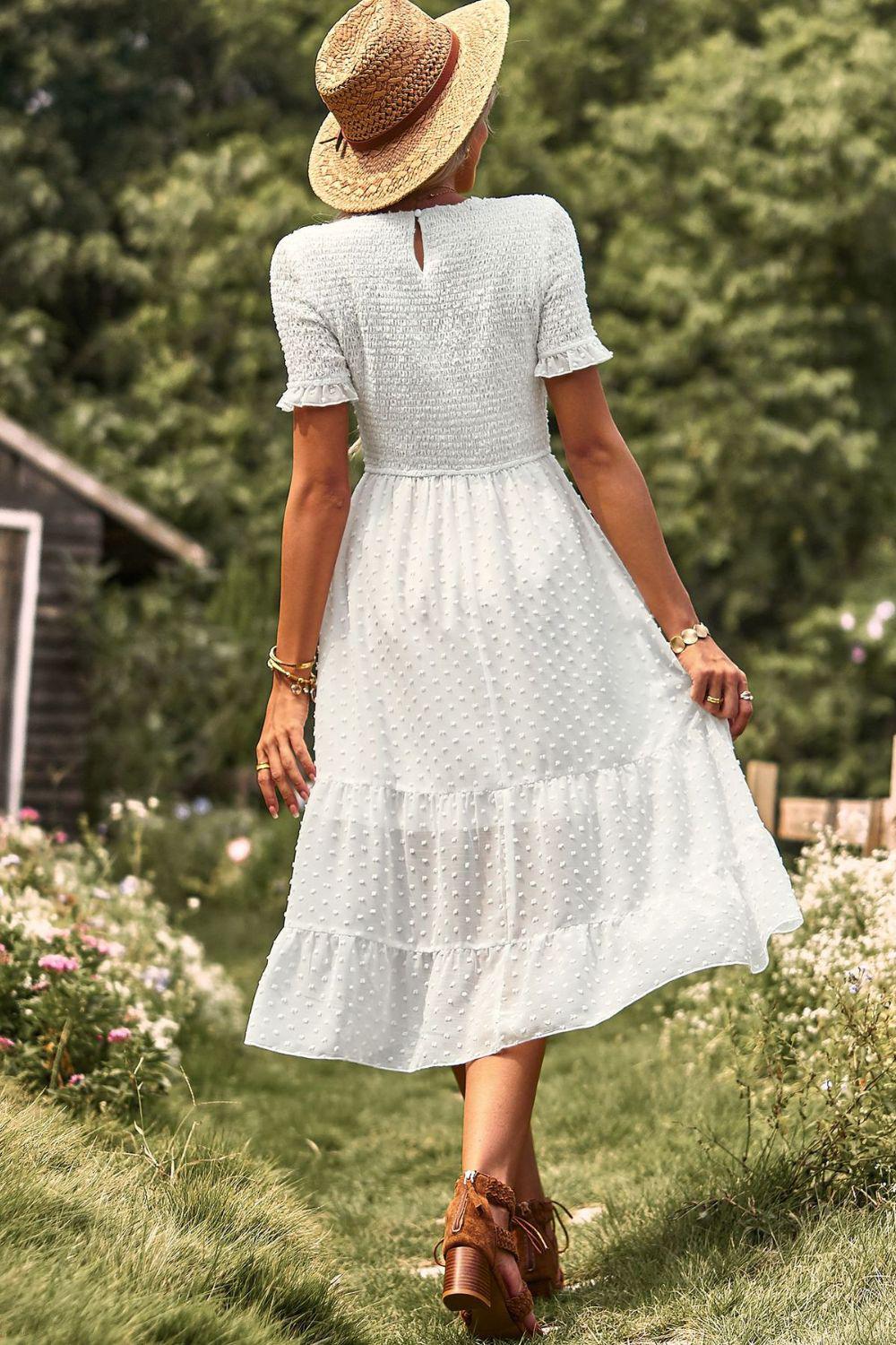 Swiss Dot Smocked Round Neck Short Sleeve Midi Dress BLUE ZONE PLANET