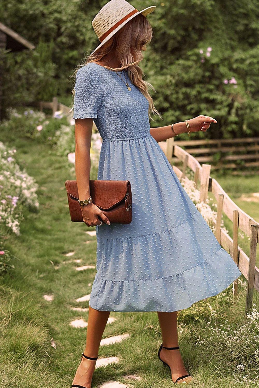 Swiss Dot Smocked Round Neck Short Sleeve Midi Dress BLUE ZONE PLANET