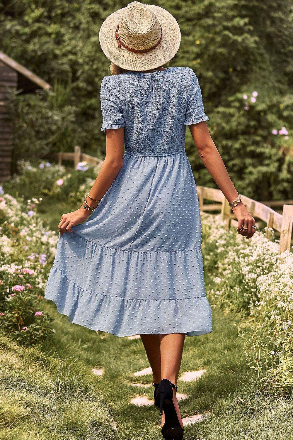 Swiss Dot Smocked Round Neck Short Sleeve Midi Dress BLUE ZONE PLANET