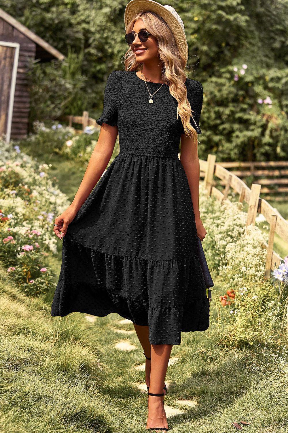 Swiss Dot Smocked Round Neck Short Sleeve Midi Dress BLUE ZONE PLANET