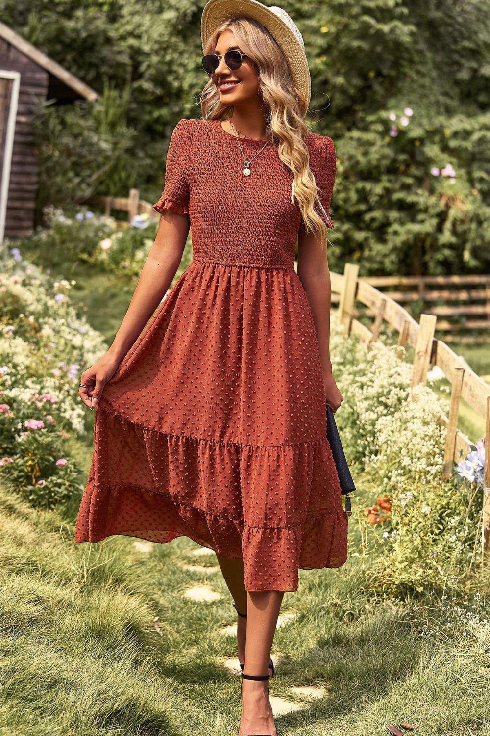 Swiss Dot Smocked Round Neck Short Sleeve Midi Dress BLUE ZONE PLANET