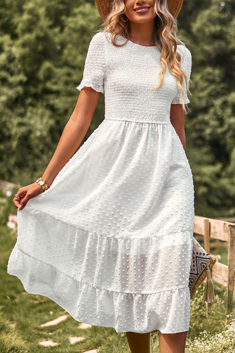 Swiss Dot Smocked Round Neck Short Sleeve Midi Dress BLUE ZONE PLANET