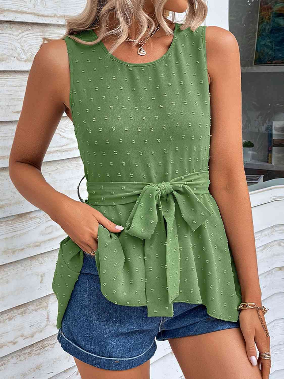 Swiss Dot Tie Waist Tank Top BLUE ZONE PLANET